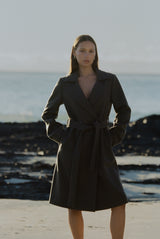 Wool Cashmere Belted Long Coat in Chocolate