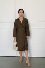 Wool Cashmere Belted Long Coat in Chocolate