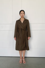 Wool Cashmere Belted Long Coat in Chocolate