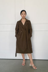 Wool Cashmere Belted Long Coat in Chocolate