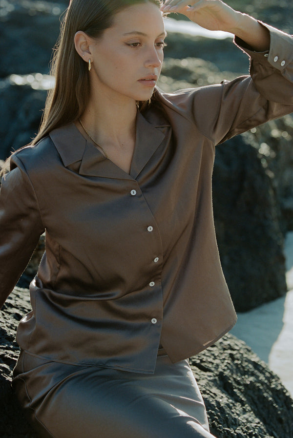 Silk Blend Long Sleeve Blouse in Mocha