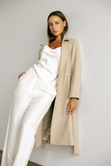 Wool Cashmere Belted Long Coat in Biscuit