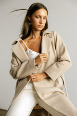 Wool Cashmere Belted Long Coat in Biscuit