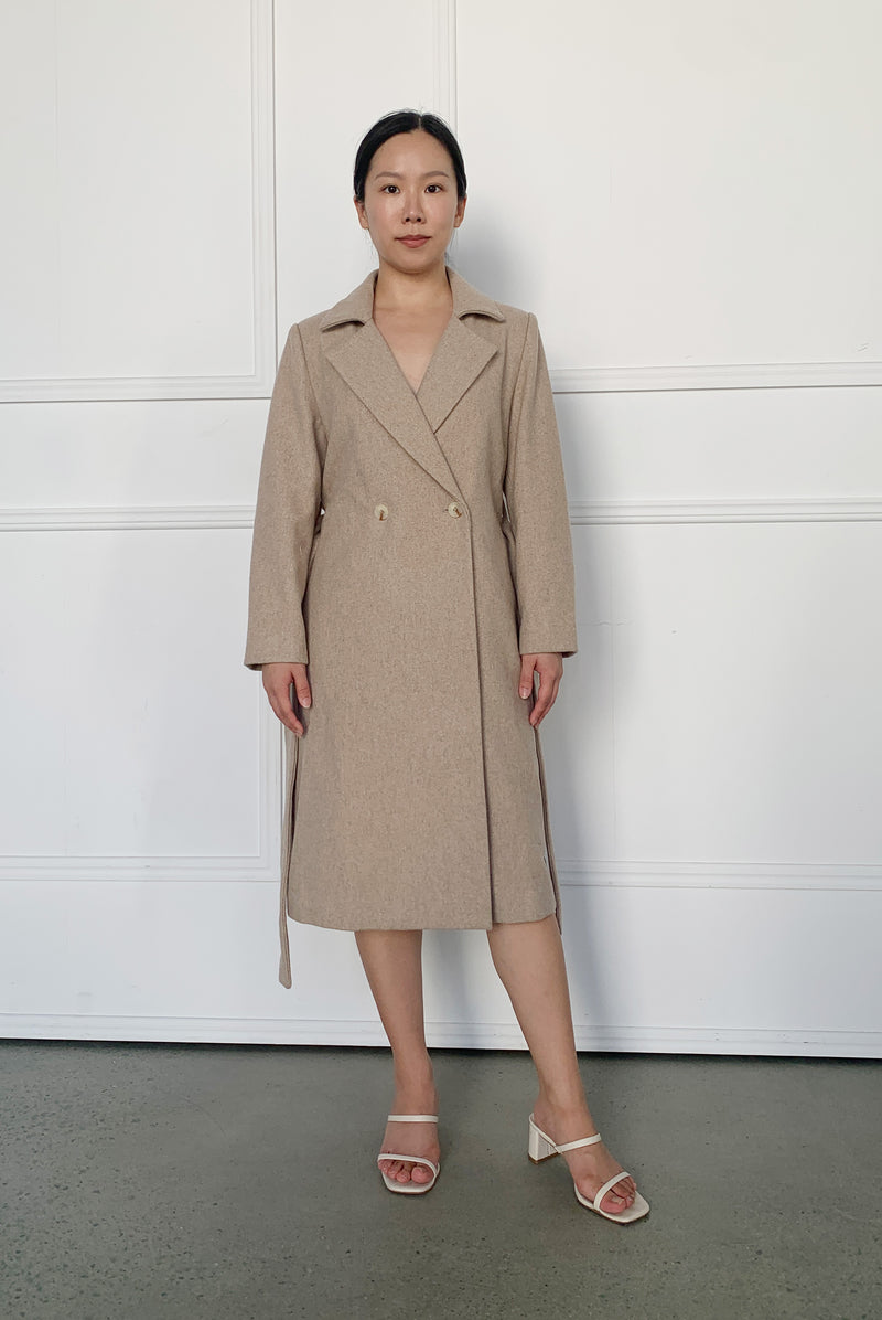 Wool Cashmere Belted Long Coat in Biscuit