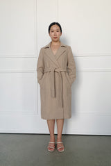 Wool Cashmere Belted Long Coat in Biscuit