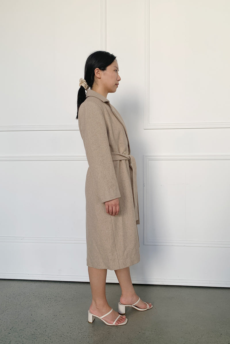 Wool Cashmere Belted Long Coat in Biscuit