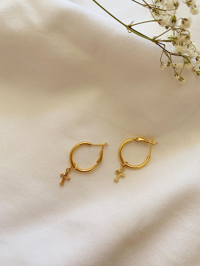 Esmeralda Gold Cross Charm Hoop Earrings